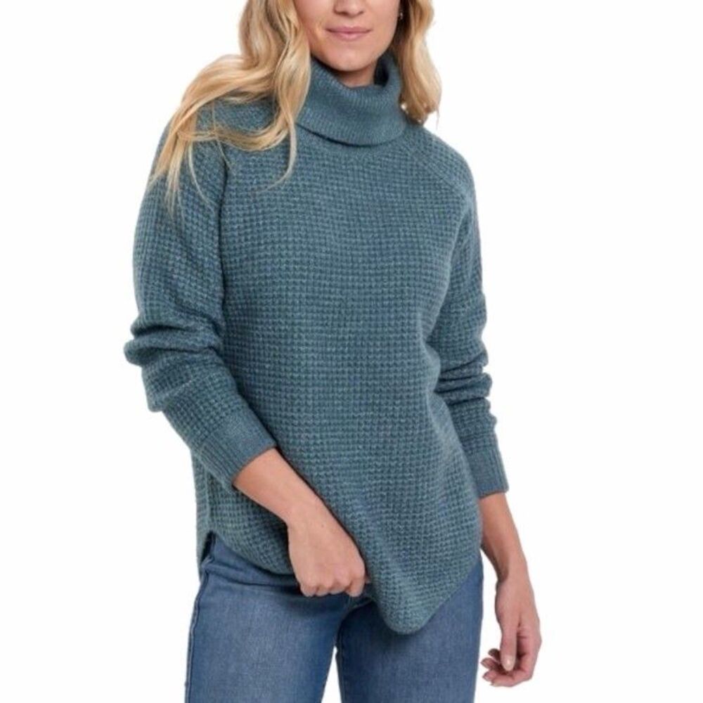 Kuhl Women’s Sienna Turtleneck Sweater Waffle Knit Ribbed Curved Hem Small Blue